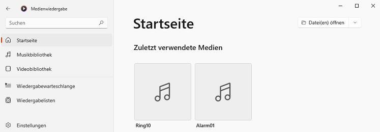 Startseite mit zuletzt geöffneter Mediendateien