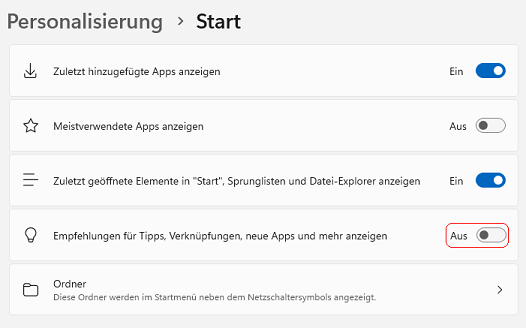 Option "Empfehlungen für Tipps, Verknüpfungen, neue Apps und mehr anzeigen"