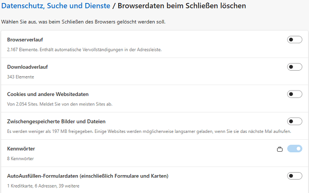 Browserdaten beim Schließen löschen