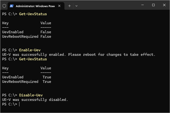 Get-UEVStatus, Enable-UEV, Disable-UEV