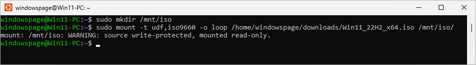 udo mount -t udf,iso9660 -o loop /home/windowspage/downloads/Win11_22H2_x64.iso /mnt/iso/
