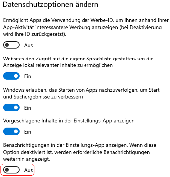 Benachrichtigungen in der Einstellungs-App anzeigen. Wenn diese Option deaktiviert ist, werden erforderliche Berechtigungen weiterhin angezeigt.