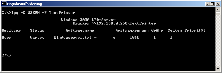 lpq -S W2KVM -P TextPrinter