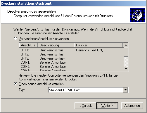 Druckeranschluss auswählen