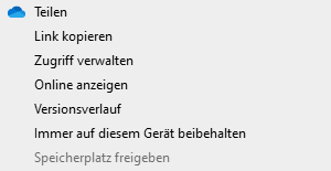 Teilen, Link kopieren, Online anzeigen, Versionsverlauf