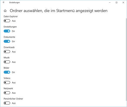 Ordner auswählen, die im Startmenü angezeigt werden